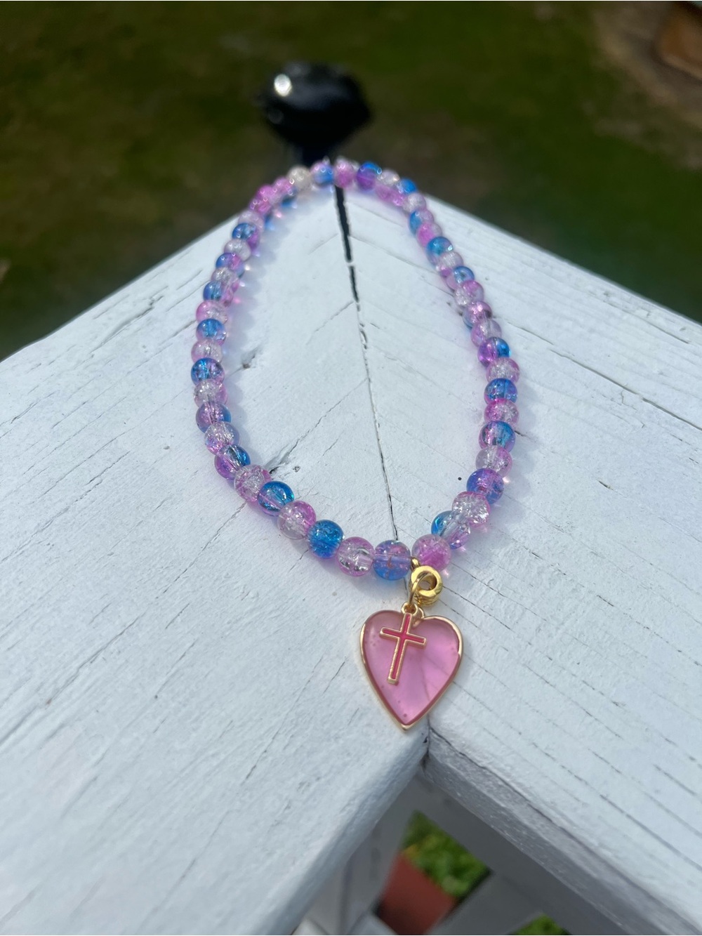 Pink Heart Cross Glass Beaded Choker Necklace-Women Jewelry